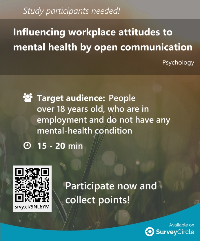Participants needed for top-ranked study on SurveyCircle:

'Influencing workplace attitudes to mental health by open communication' surveycircle.com/9NL6YM/ via @SurveyCircle #Arden_Uni

#MentalHealth #support #stigma #workplace #CultureChange #OpenCommunication
