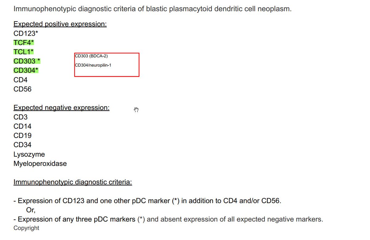 On #BPDCN 
The old trick of 123456 for CD123, CD3, CD56 doesn’t work any more.
123 = CD123
4 = TCF4
5 ?
6 = 3+0+3 = CD303
7 = 3+0+4 = CD304
How to fit TCL1 into it ?

#hemepath
#WHO_HAEM5