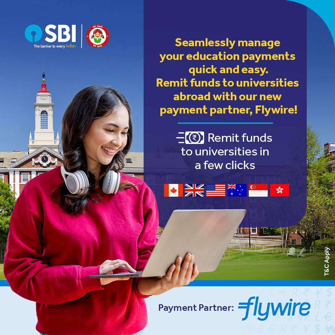 Seamlessly manage your education payments quick and easy. Remit funds to universities abroad with our new payment partner, Flywire! For details, visit : bank.sbi/web/nri/remitt… #SBI #Flywire #TheBankerToEveryIndian