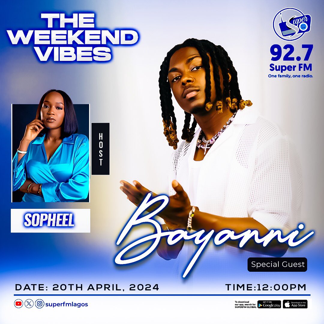 SuperFMLagos's tweet image. Today on the weekend vibes with your host @officialsopheel catch the exclusive interview with Mavin’s star  @itsbayanni live in the studio

Tune in from 12pm 

#superfmlagos