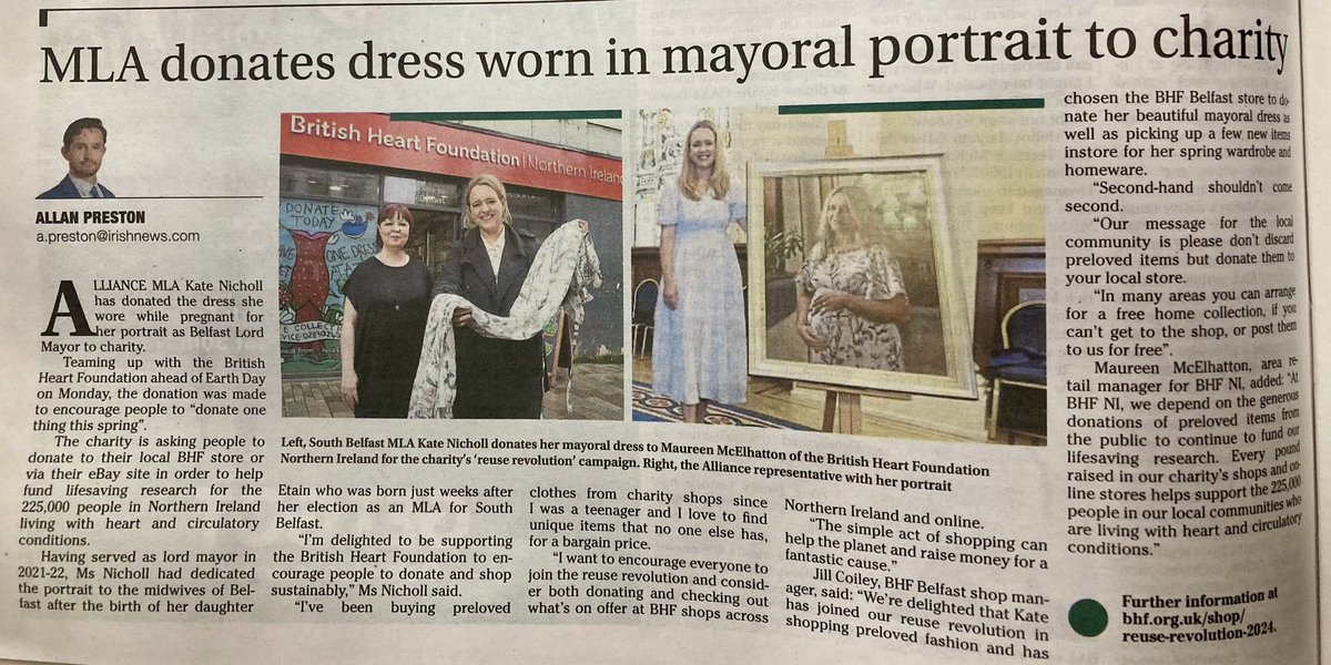 When I was Lord Mayor I wore second hand clothes as much as possible (I still do!) to promote slow fashion & to remove the stigma - so was pleased to help @BHFNI’s Reuse Revolution campaign to tackle fast fashion & donate something that means a lot to me! belfasttelegraph.co.uk/news/health/ka…