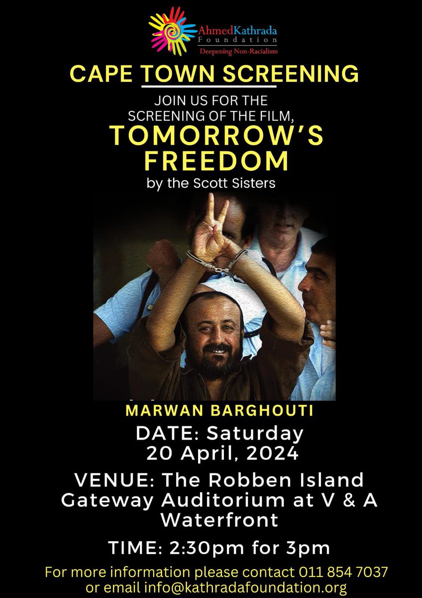Today in #CapeTown. 
Free screening of  documentary Tomorrow’s Freedom hosted by the @AhmedKathradaF. The screening will be followed by a Q&A with one of the producers and a special guest.
#CapeTownArts #filmlovers #freedom 
RSVP at forms.gle/33WNYRGDPbdGAZ…