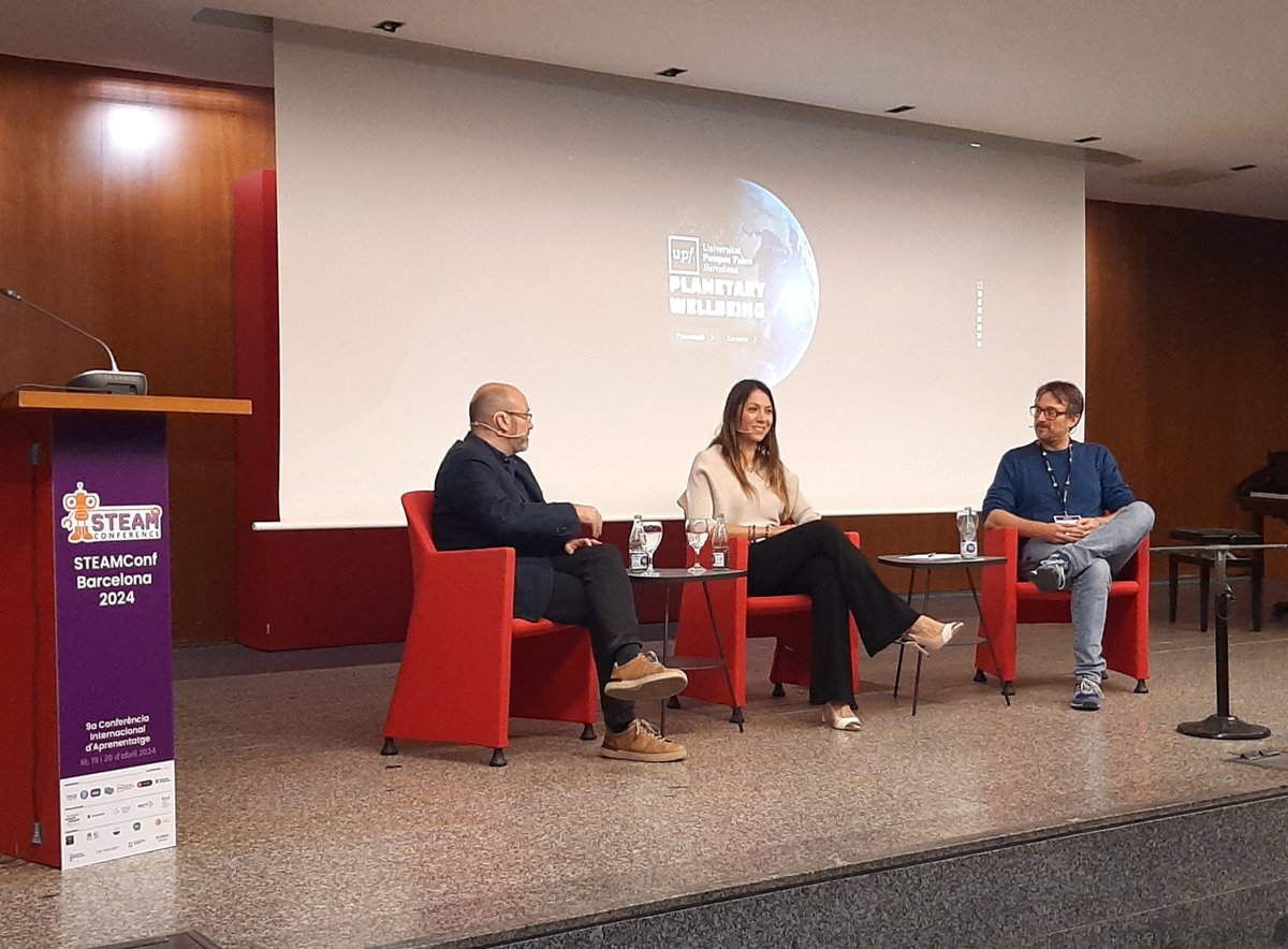 Educació per al benestar planetari, conversa amb Lela Melon, Directora del Màster en dret europeu i global @UPFBarcelona, 
Frank Sabaté @franksabate
Responsable didàctic a @innovamat_cat i José Luis Martí professor de filosofia del dret i política UPF.  #steamconf24 #ODS