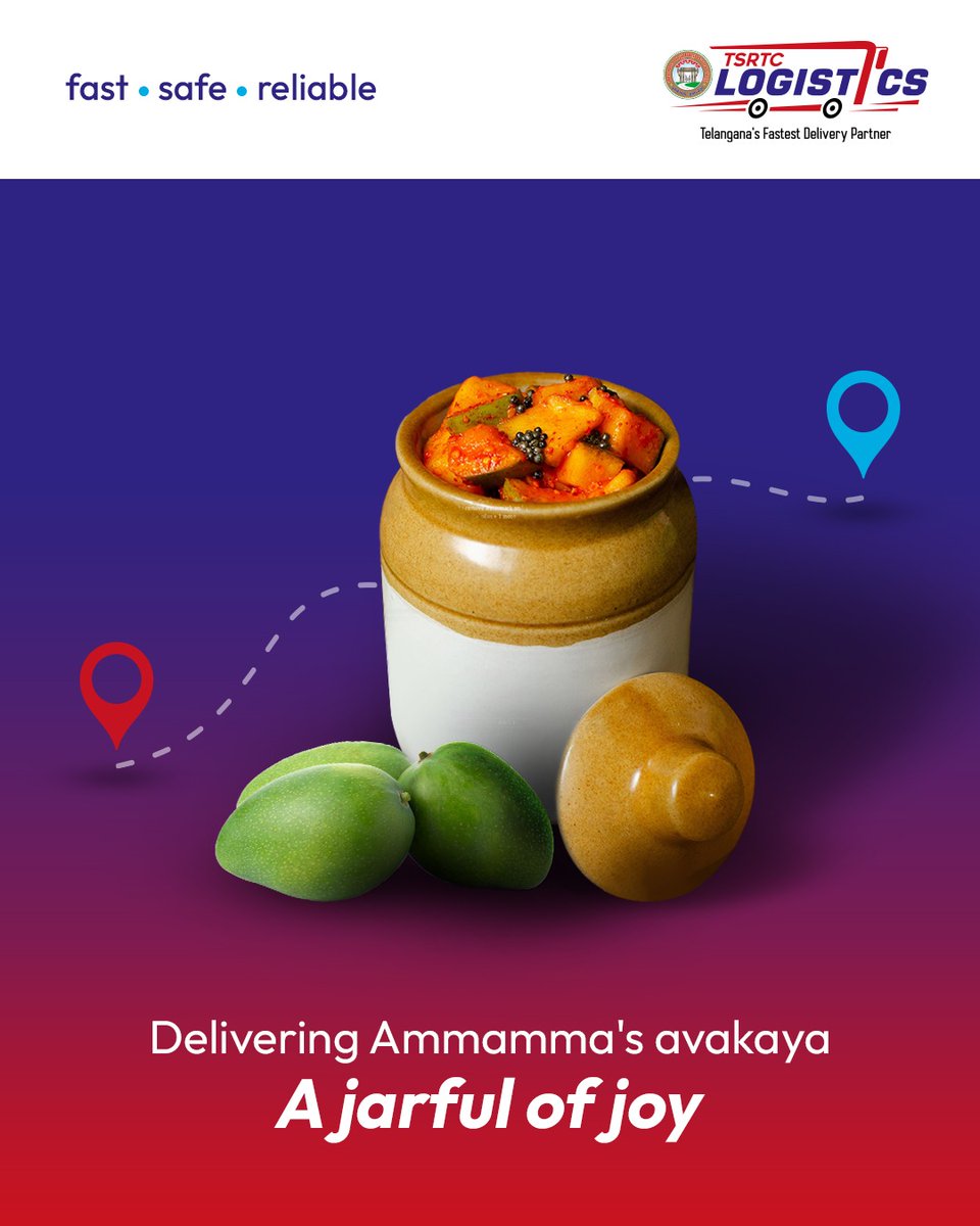 TSRTC_LOGISTICS's tweet image. Fresh #avakaya is home in a jar.

Enjoy the rich taste of ammamma’s avakaya, delivered safely by #tsrtclogistics.

Count on us to satisfy your cravings within 24 hours, anywhere in #telangana.

#summer #logistics #delivery

@TSRTCHQ