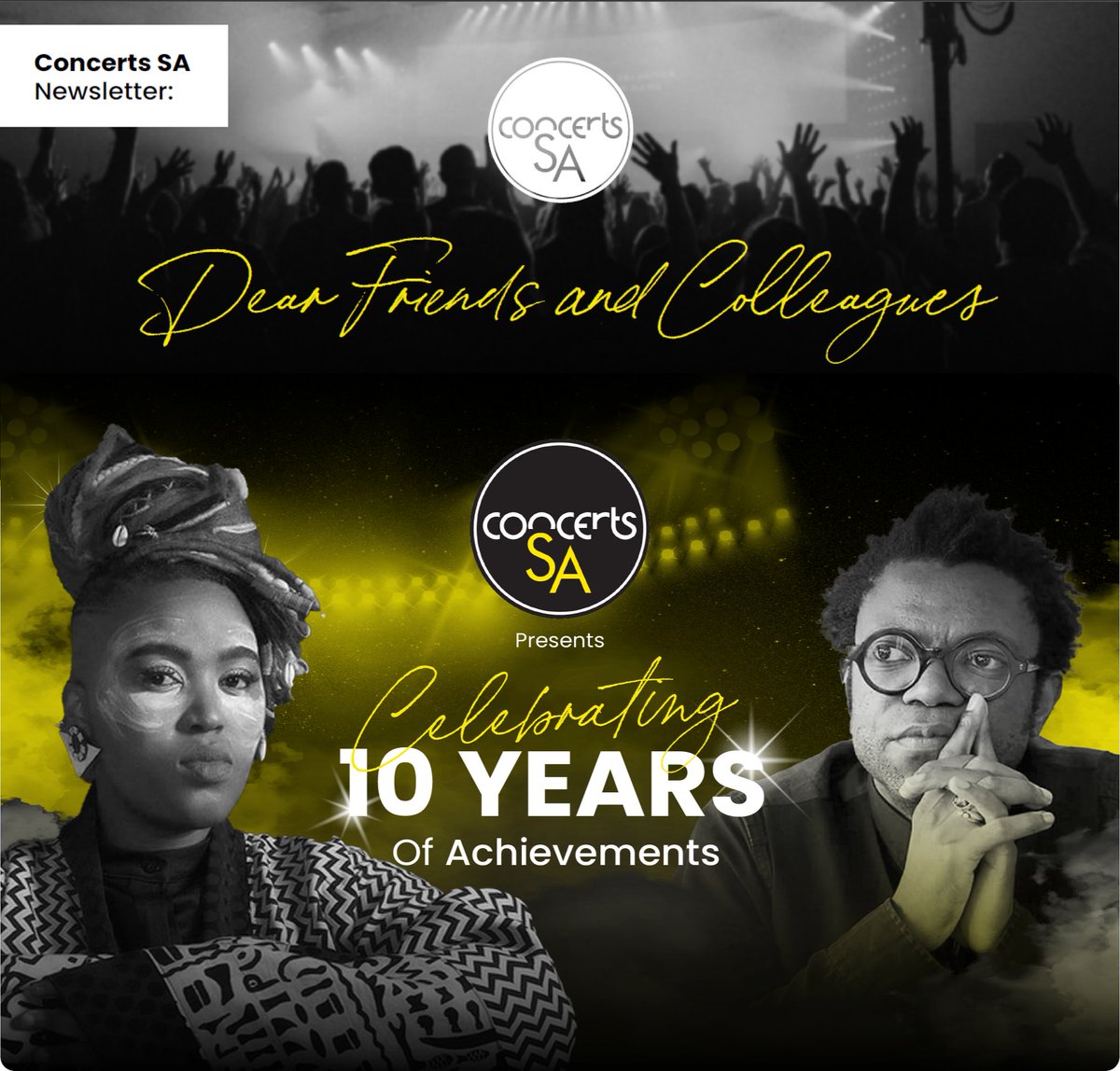 Celebrating 10 years of Concerts SA and the vibrant community it serves! 🎶 Here's to a decade of music, unity, and cultural exchange. Here's to many more! 📷
@ConcertsSA
@neomuyanga
#Msaki

Full newsletter here:
iksafrica.com/newsletter-apr…

#MusicMatters  #10YearsOfConcertsSA