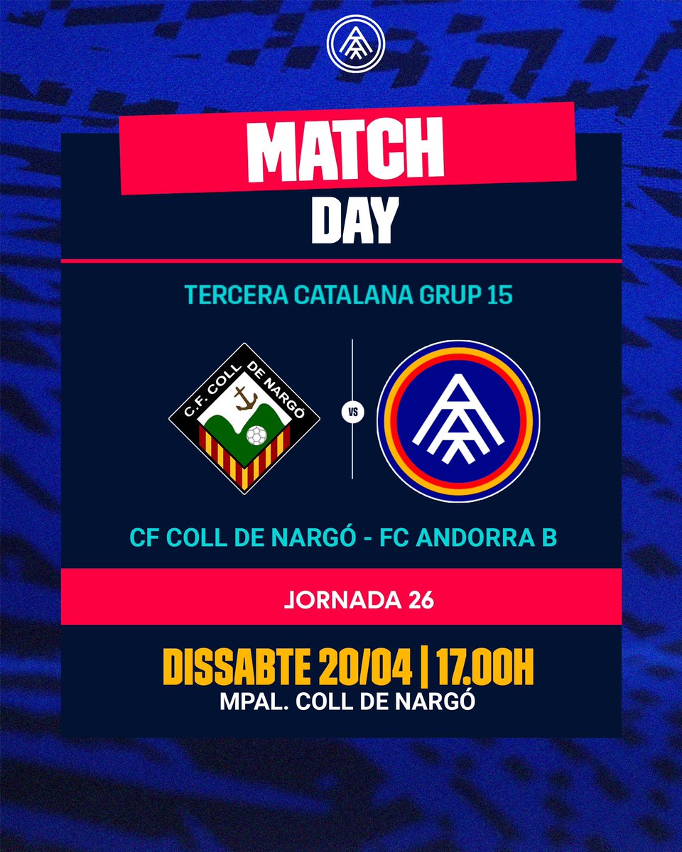 FCAndorra_B's tweet photo. 🚨 𝗗𝗜𝗔 𝗗𝗘 𝗣𝗔𝗥𝗧𝗜𝗧!

🏆 Tercera Catalana Grup XV
🆚 CF Coll de Nargó

#SomTricolors 🔵🟡🔴 https://t.co/MFOY7Ij4lI
