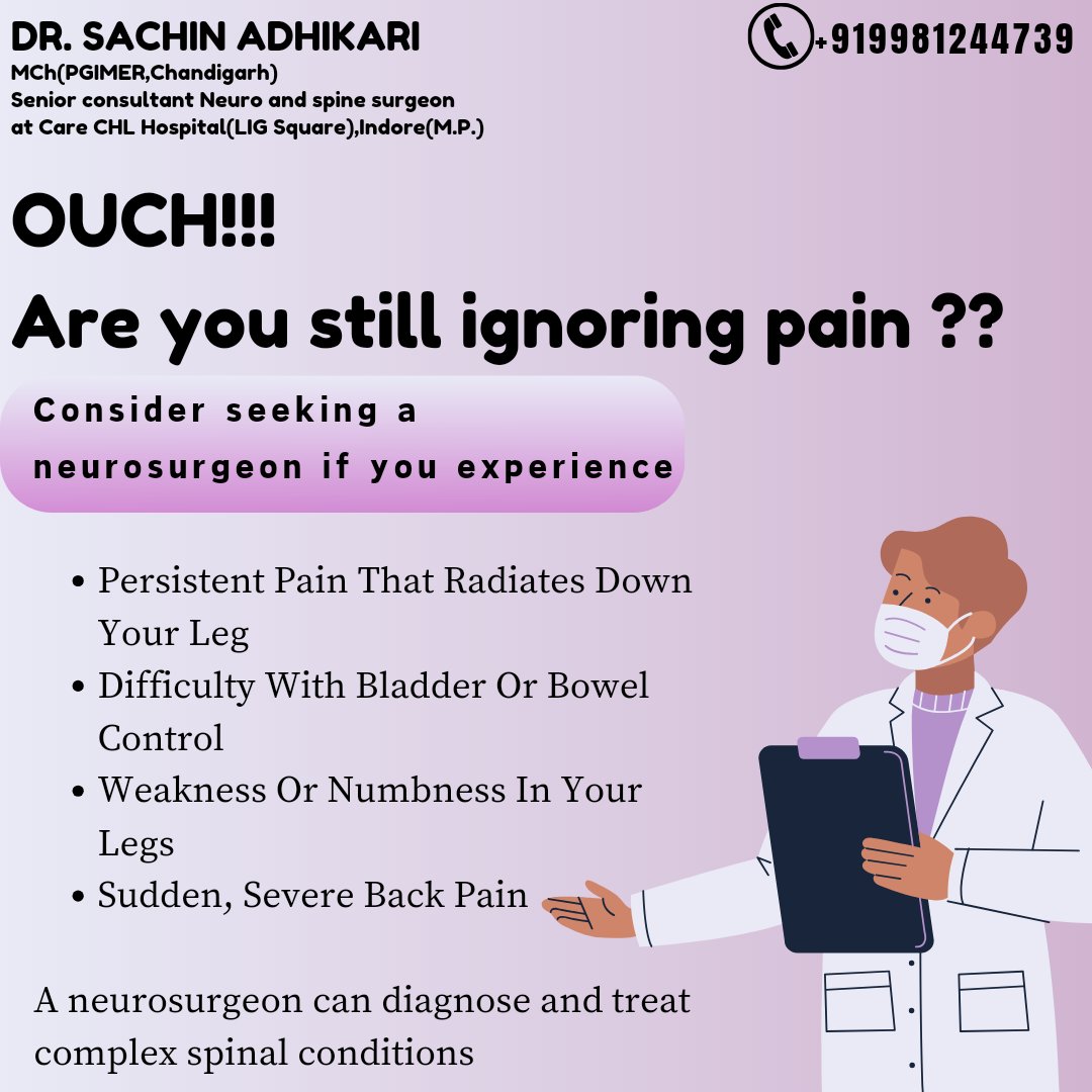 Consult a neurosurgeon asap if you are facing these pains on a regular basis! 

Consult with me at Care CHL Hospital, Indore Dr. Sachin Adhikari

 Schedule an Appointment by calling +91-9981244739

#dontignore #pain #Consult #DrSachinAdhikari #carehospitals #carechlhospitalindore