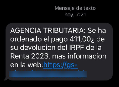 ⚠️#AVISO‼️ Detectada una campaña que suplanta a la #AgenciaTributaria vía SMS informando de una devolución de la #renta del año 2023. #NoPiques, pretenden que accedas a un enlace a una web fraudulenta para obtener tus datos personales. Es #smishing👇 ℹ️incibe.es/ciudadania/avi…