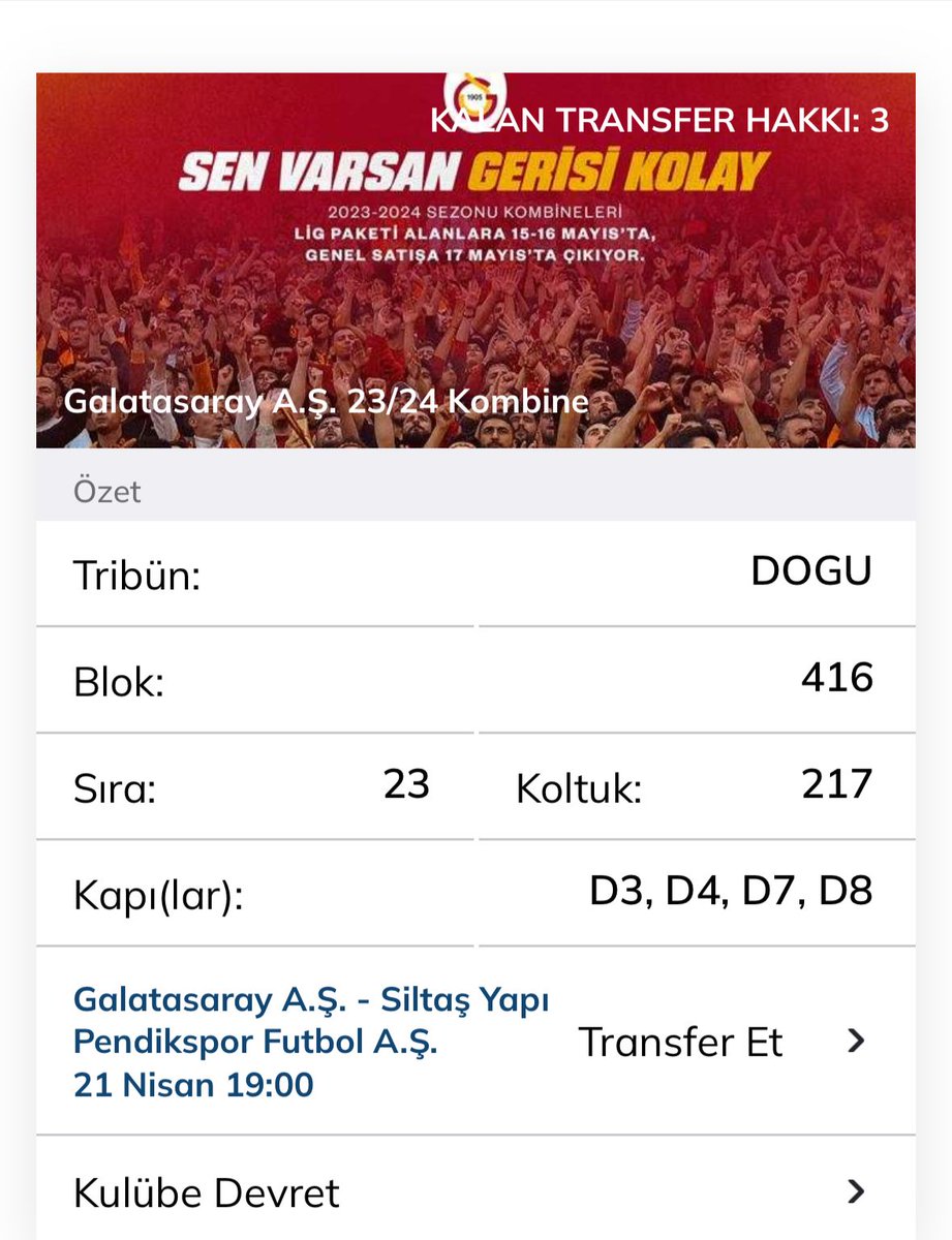 Doğu üst iki bilet satılık. Yüz yüze devir. Dm atın lütfen. #galatasaraybiletdevir