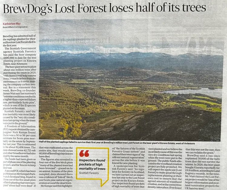 ⁦@BrewDog⁩ reports over 50% mortality for its highlands tree planting programme. Another example of planting the wrong trees in the wrong place? We need to have a debate about the dogma of the #deforested #moorlands of #scotland ⁦@NatureScot⁩