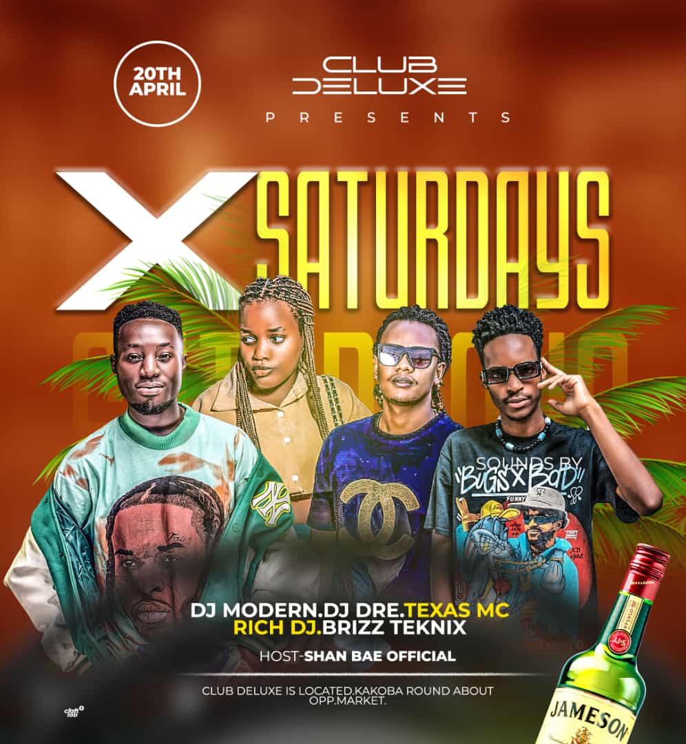 Get ready for an unforgettable Saturday night #X_Saturdays at Club Deluxe Mbarara. 🎉 Hosted by Shan Bae, with music by DJ MODERN and DJ DRE, and hyped by Texas Mc. Don't miss out!