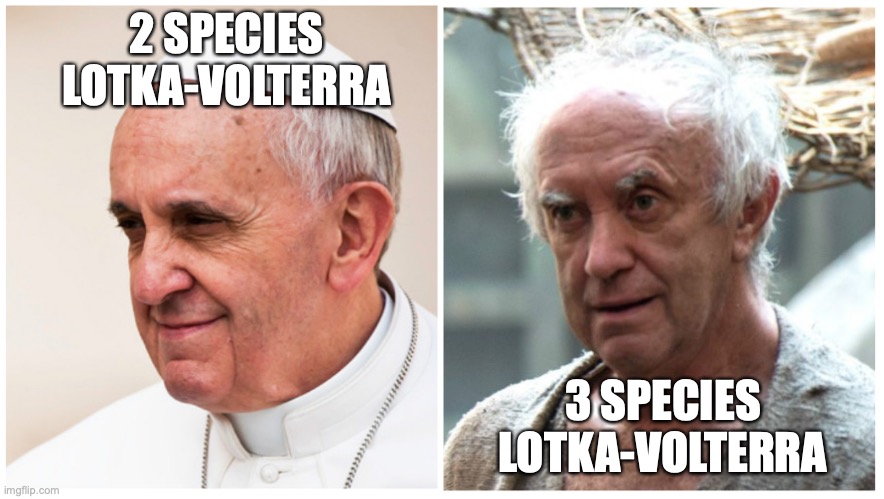 🚨New paper alert!🚨 With @ThomasKoffel & @ChrisKlausmeier, we worked on 3-species Lotka-Volterra competition. It got messy, but we sorted it out. Now out open access in @Ecology_Letters, link in next tweet. Quick🧵below featuring @ChrisKlausmeier 's memes.