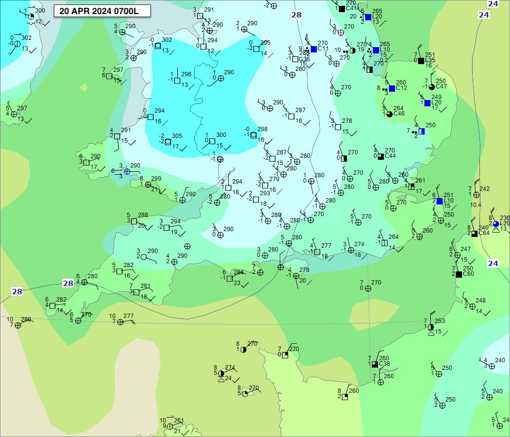 Fine sunny start in Bournemouth. Min 4.5c Just about managed an air frost in Guildford, Min -0.1c (first frost since 3rd March!) Image Meteoblue.com Benson -3.1c EGUB 200520Z 13001KT 9999 NCD M03/M04 Q1027