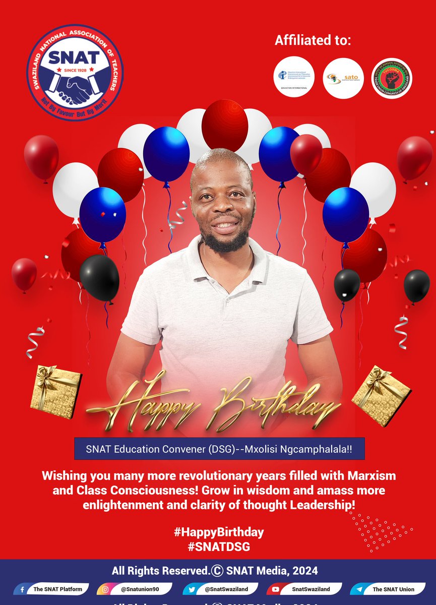 Today (20-04-2024), our Education Convener (DSG)-Mxolisi Ngcamphalala is celebrating his special day: birthday. We wish him a happy birthday and many more revolutionary years filled with Marxism and class consciousness. #HappyBirthday #SNATDSG