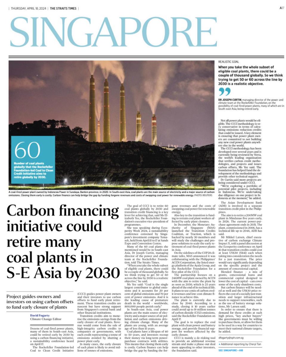 Speaking to @straits_times, @eyee5 and @jmcurtin highlighted the transformational role carbon financing is playing to fund early coal plant retirement. #CoalToClean #CCCI @RockefellerFdn