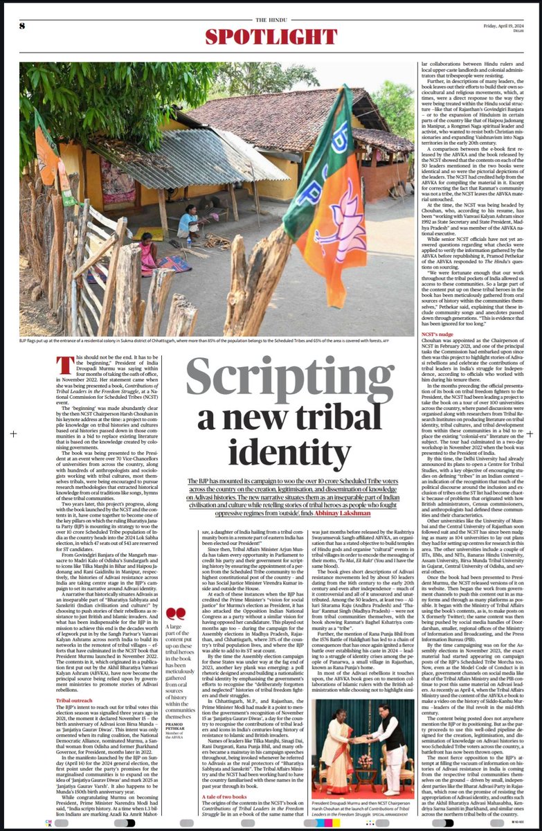 This election, BJP is wielding histories to shape a distinct narrative of Adivasi identity. This narrative situates them as an inseparable part of Indian civilisation and culture while retelling stories of tribal heroes as people who fought oppressive regimes from ‘outside'. 1/3