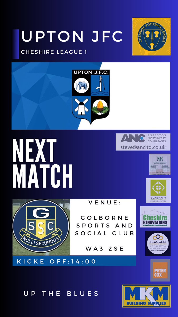 🔵⚫️⚪️ Upton JFC Blues 🆚 @Golborne_FC ⚽️ @CheshireFL 🏟️ WA3 2SE 📅 20/04/2024 ⏰ 14:00 Back on the road again as we take on 4th place. Any support is always appreciated 👍🏻
