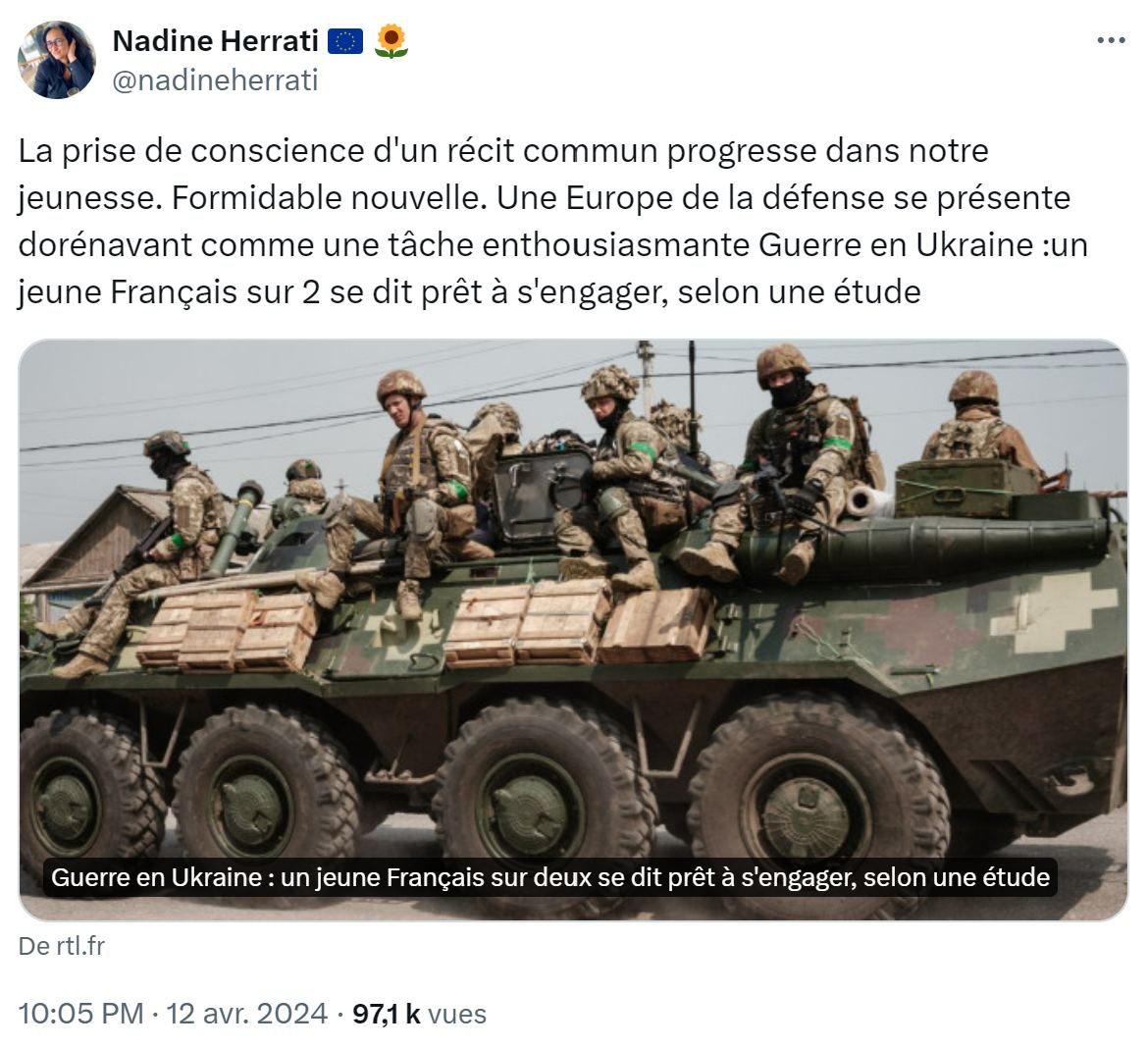 ❌EELV rejoint les va-t-en-guerre !
@NadineHerrati qui considère que la guerre est 'une tâche enthousiasmante' et qui se félicite que des jeunes Français puissent y participer, est présidente du Conseil national d'EELV🔶 Heureusement, elle se trompe dans la lecture de ce sondage