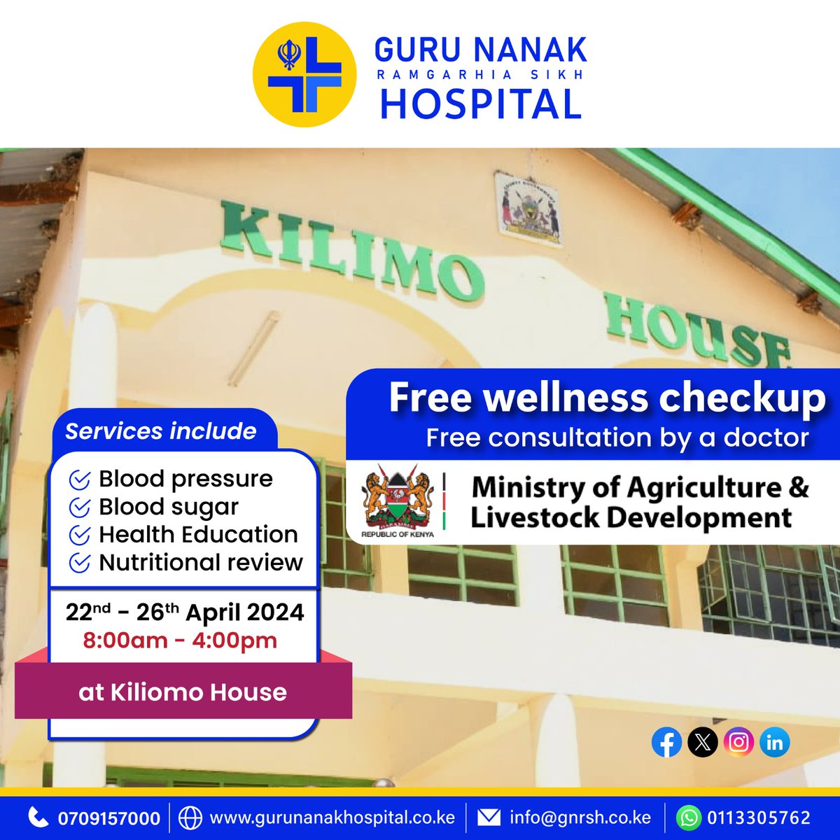 Welcome for the free wellness camp at #MinistryOfAgriculture Kilimk House from the 22nd to 26th April 8am to 4pm. We will be offering free consultation and checkups. 
#healthandwellness 
#HealthFirst 
#gurunanak