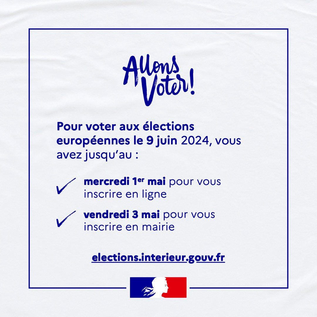 #Européennes2024 🗳️ | Pour voter aux élections européennes 🇪🇺 le 9 juin, il est encore temps de s’inscrire sur les listes électorales : 👉 en ligne jusqu’au 1er mai elections.interieur.gouv.fr 🧍en mairie jusqu’au 3 mai. #AllonsVoter !