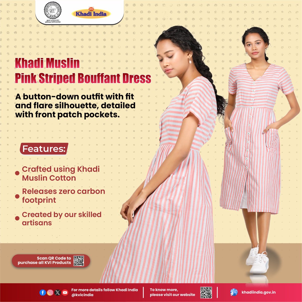 Transform your inner style quotient by wearing this striped bouffant dress by #KhadiIndia. Visit your nearest Khadi store or purchase all #KVIProducts online at khadiindia.gov.in #KVIC #KhadiIndia