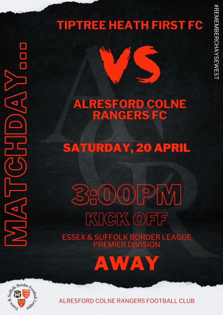 𝗙𝗜𝗡𝗔𝗟 𝗠𝗔𝗧𝗖𝗛𝗗𝗔𝗬 𝗢𝗙 𝗧𝗛𝗘 𝗦𝗘𝗔𝗦𝗢𝗡…

Today is the First Team’s last game of the season and we travel to play @Tiptree_Heath 

Good luck lads! 🔴⚫️

#rememberchaysewest
#alresfordcolnerangers