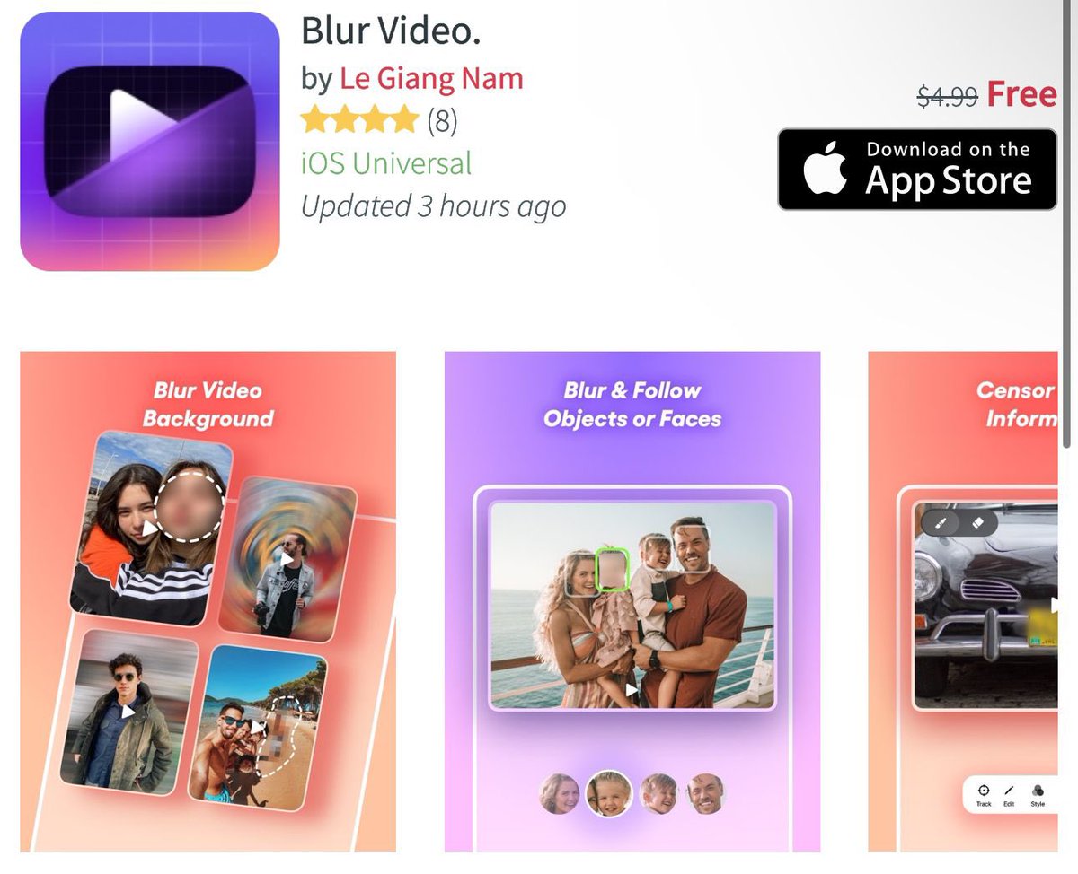 للـ iPhone و iPad
مجاني لفترة

itunes.apple.com/ca/app/blur-vi…

يساعدك في طمس اجزاء معينة من مقاطع الفيديو الخاصة بك دون التأثير على الجودة.