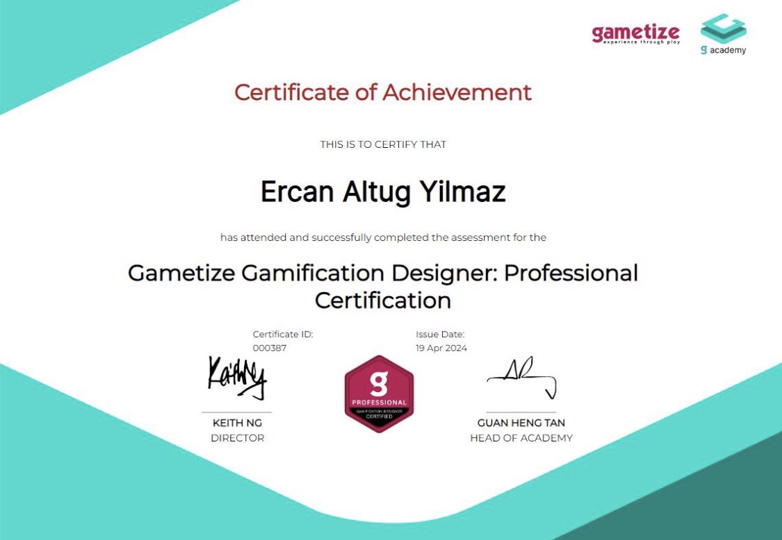 I’m super honored to have @gametize Gamification Designer Certification with 6 member from @GamfedTurkiye thanks to all Gametize team to support us all 2-3 month journey🙏 And yes lets localize and make turkish Gametize now and game on @araskka @altanturel @calikafra @hselamee