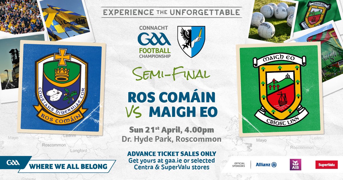 Only one more sleep until our senior footballers take on Mayo in the Connacht SFC Semi-Final at Dr. Hyde Park. 🎟️ Advance ticket sales only at bit.ly/3PZaJuv or selected Centra & SuperValu stores. Information ➡️ bit.ly/4aWXse0 #Rosgaa #GAABelong