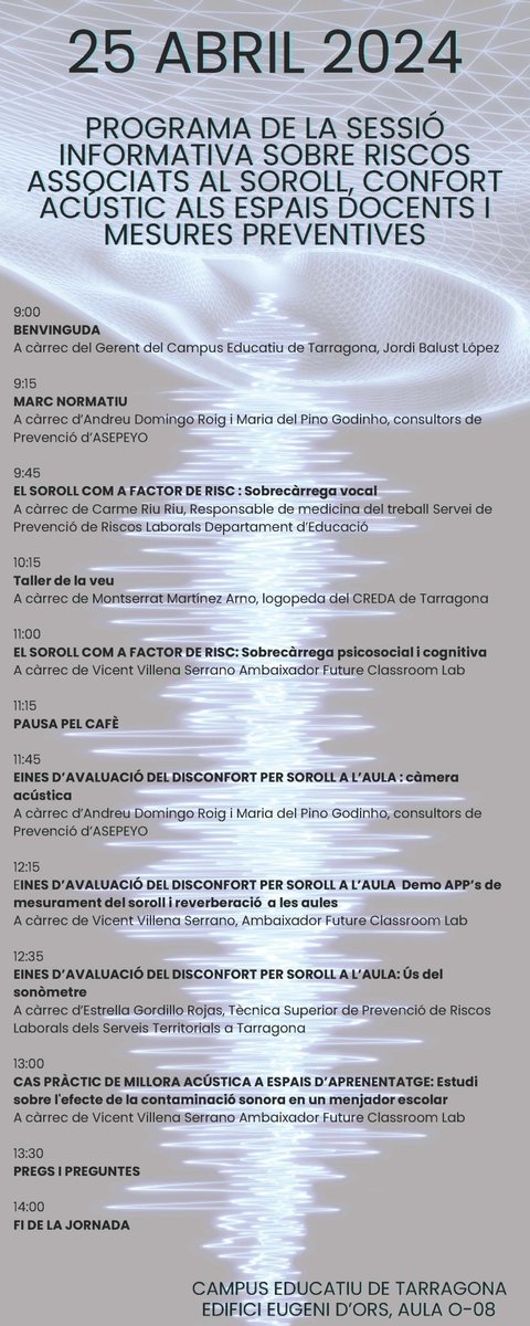 <a href="/aulespelfutur/">aulespelfutur</a> de <a href="/fcl_euschoolnet/">Future Classroom Lab by European Schoolnet</a>, <a href="/educaINTEF/">Educación INTEF</a> i <a href="/educaciocat/">Educació</a> , participa en la sessió informativa a @cet_tarragona sobre riscos associats al soroll, el confort acústic als espais docents i mesures preventives.