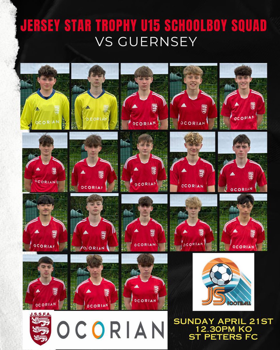 Good luck to Mr Moiani, Mr Logue, Mr Coyle and all the Jersey U15 Schoolboys tomorrow against Guernsey.

📆 Sunday 21st April
🏟️ St Peters FC
⏰ 12.30 KO

Please come along and support the boys.

⚽️🇯🇪v 🇬🇬🏆

Kindly supported by <a href="/ocorian/">Ocorian</a> &amp; <a href="/jsfootballje/">@jsfootball.je</a>