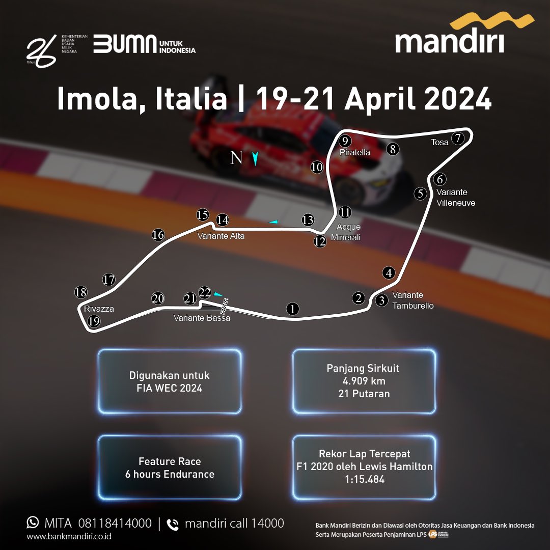 Bank Mandiri dukung pembalap Indonesia, Sean Gelael di FIA World Endurance Championship (WEC) 2024. Pertandingan ini akan berlangsung selama 6 jam di Sirkuit Imola, Italia. Yuk tonton dan dukung Sean di race week tanggal 21 April 2024 mendatang via akun media sosial Kuy