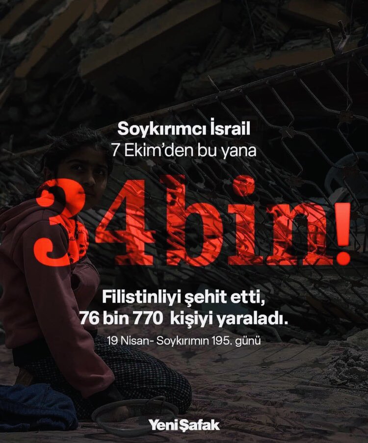 20 Nisan - Soykırımın 196. günü 🇵🇸 Filistin sağlık kuruluşlarının raporlarına göre İsrail 7 Ekim’den bu yana 34 bin Gazzeliyi şehit etti, 76 bin 770 kişiyi yaraladı. Tüm dünya halkları 196 gün boyunca işgalci İsrail’i protesto ederek; katil, işgalci, barbar diyerek ülke