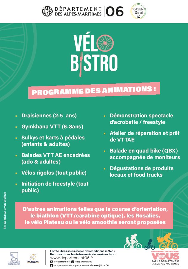 🚴‍♂️Les 27 avril et 2 juin, vivez l'expérience Vélo Bistro au @LeCannetVille et à @MandelieuOTC ! Une initiative des @AlpesMaritimes. Au programme, animations gratuites et dégustations de produits locaux vous attendent pour une journée en famille ou entre amis !🍴 #CotedAzurFance