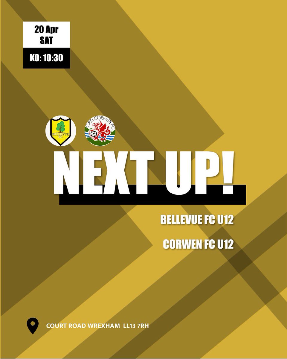 🟡⚪️MATCHDAY⚪️🟡 🏆 Wrexham & District Junior Football League U12 🆚 Corwen FC U12 🗓️ 20th April 2024 ⏰ 10:30 🏟️ Court Road Follow our social media for updates @fc_bellevue (X) @cpdbellevue (Facebook) #BellevueFC #UnClwbUnBoblUnedig #OneClubOnePeopleUnited #ThisIsBellevue