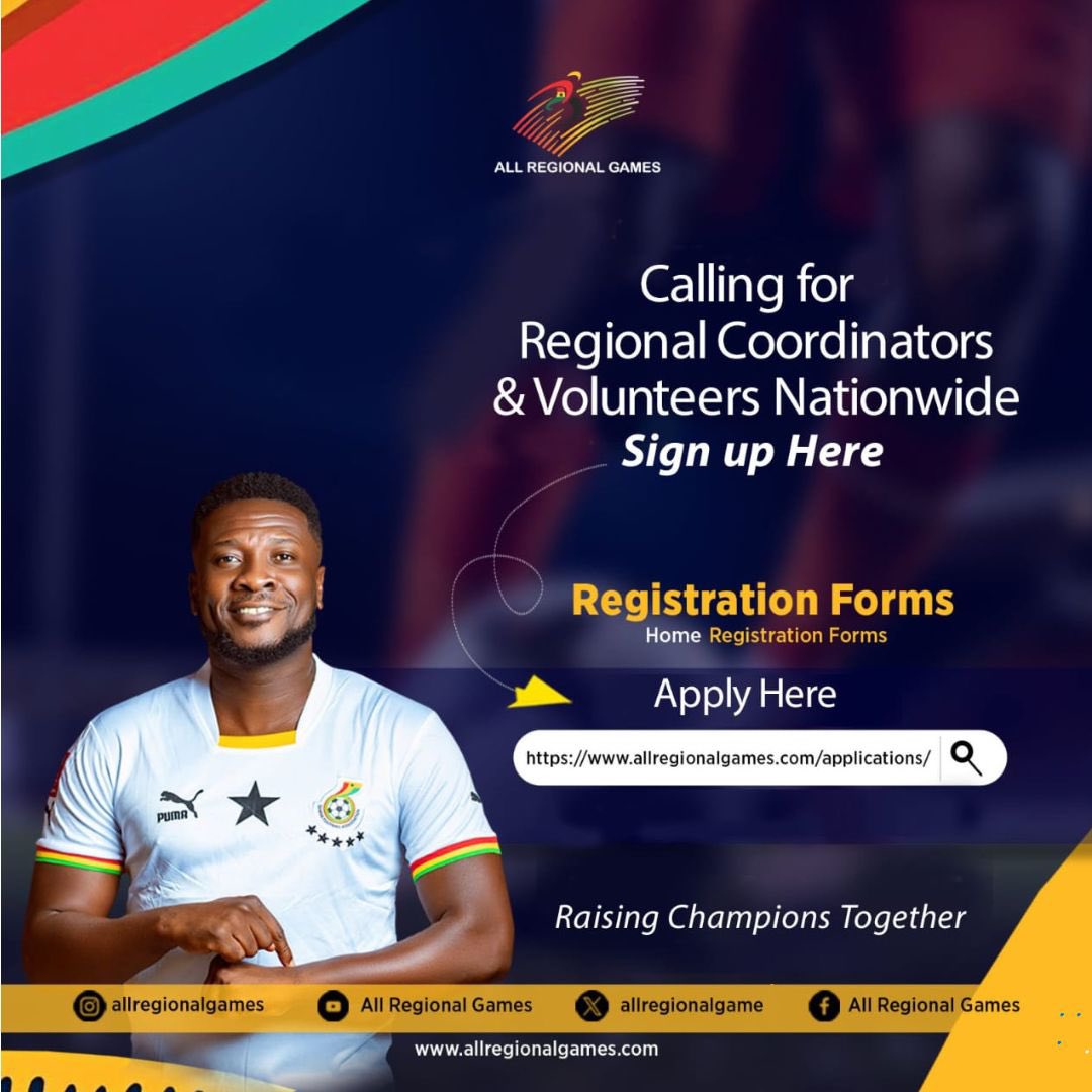 Leave your mark on history. The All Regional Games is uniting our nation. Become a coordinator or volunteer and help build a legacy for athletes across Ghana. Register on our website (link in bio). #AllRegionalGames #Sports #raisingchampionstogether #ARGRegionalTour #register