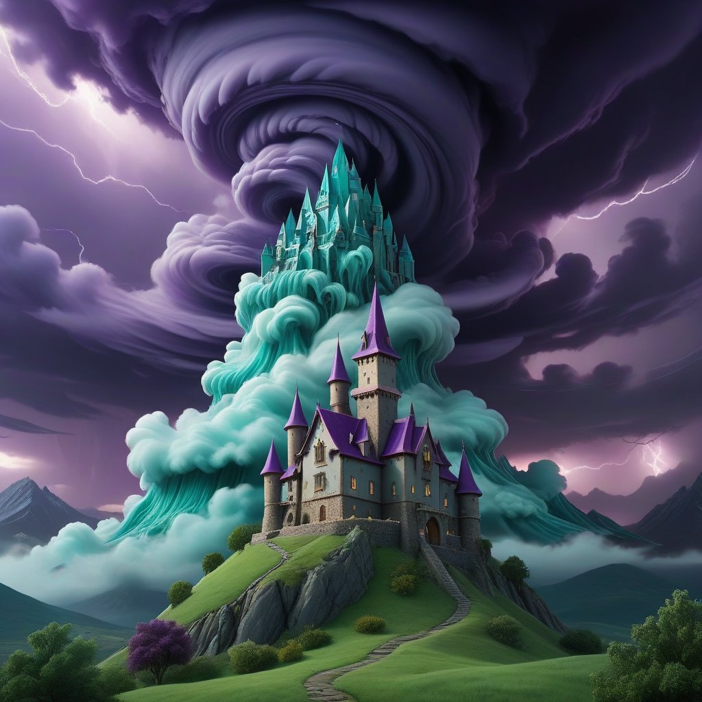 ☔️🌪 Brace yourselves for an otherworldly spectacle of #AIArt that will leave you spellbound! Against the backdrop of a swirling vortex of teal tornadoes, a foreboding castle stands tall atop a violet-hued mountain, defying the raging elements. 💜⛈