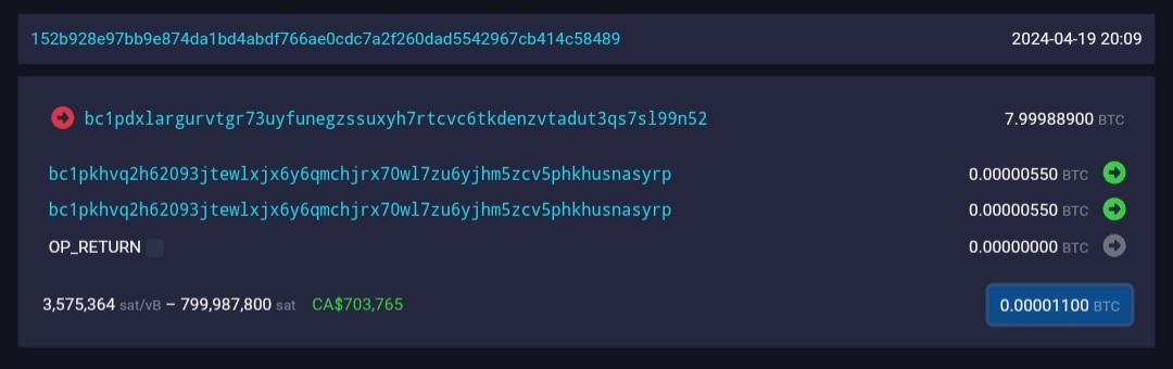Rajatsoni's tweet photo. Someone paid $700,000 to have their $0.97 transaction included in block 840,000

This is wild 🤯🤯 https://t.co/F1XOh5i2CT