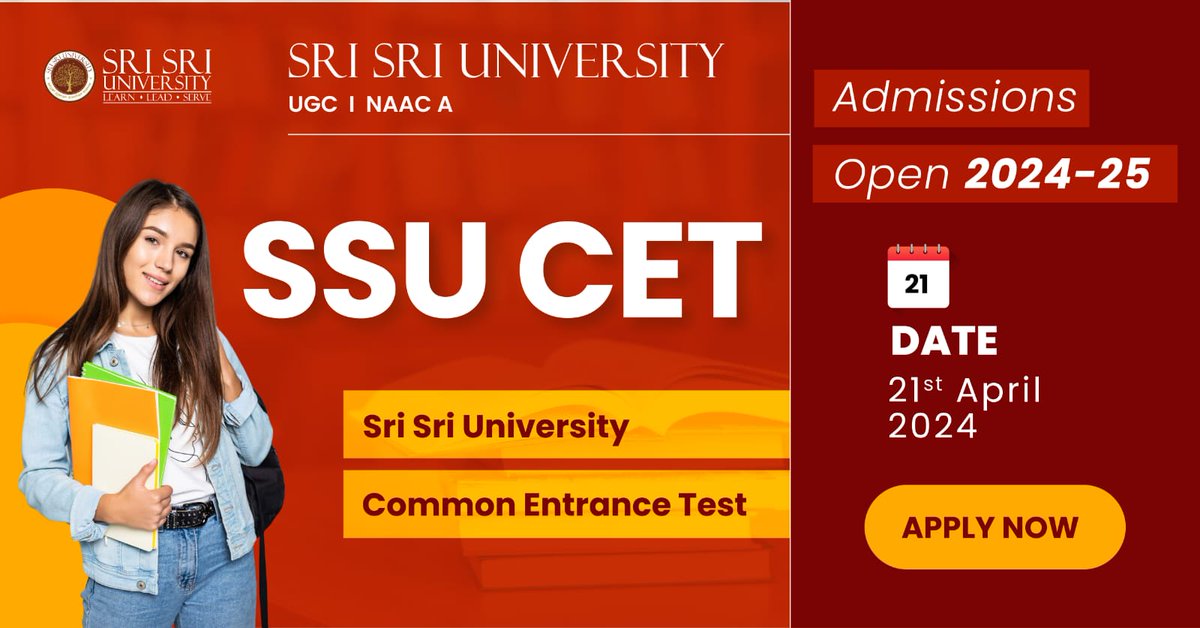 Admissions for the academic year 2024-25 are now open for all courses at Sri Sri University. All the candidates seeking admission are requested to register for the upcoming SSU CET Exam on the link below. tiny.cc/sm2024admission
