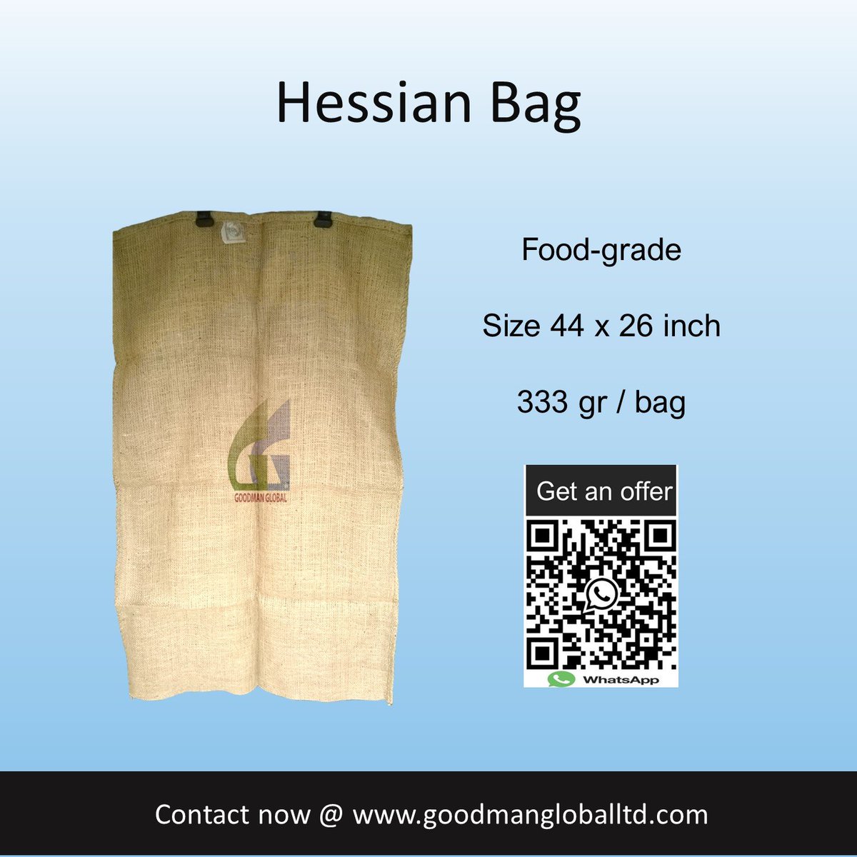 Goodman_Global's tweet photo. 44 x 26 inch 333g Food-grade New Hessian sacks 👉 https://t.co/P4XI3NvdN3 👉 @Goodman_Global
👉 Used for:
# Rice, paddy, coffee, corn packing
# Cereals & grains packaging
#jutebags #juteSack #hessianbag #hessiansack #burlapbag #coffeebag #juteproducts #jutebagbangladesh https://t.co/uTKJHGTNgI