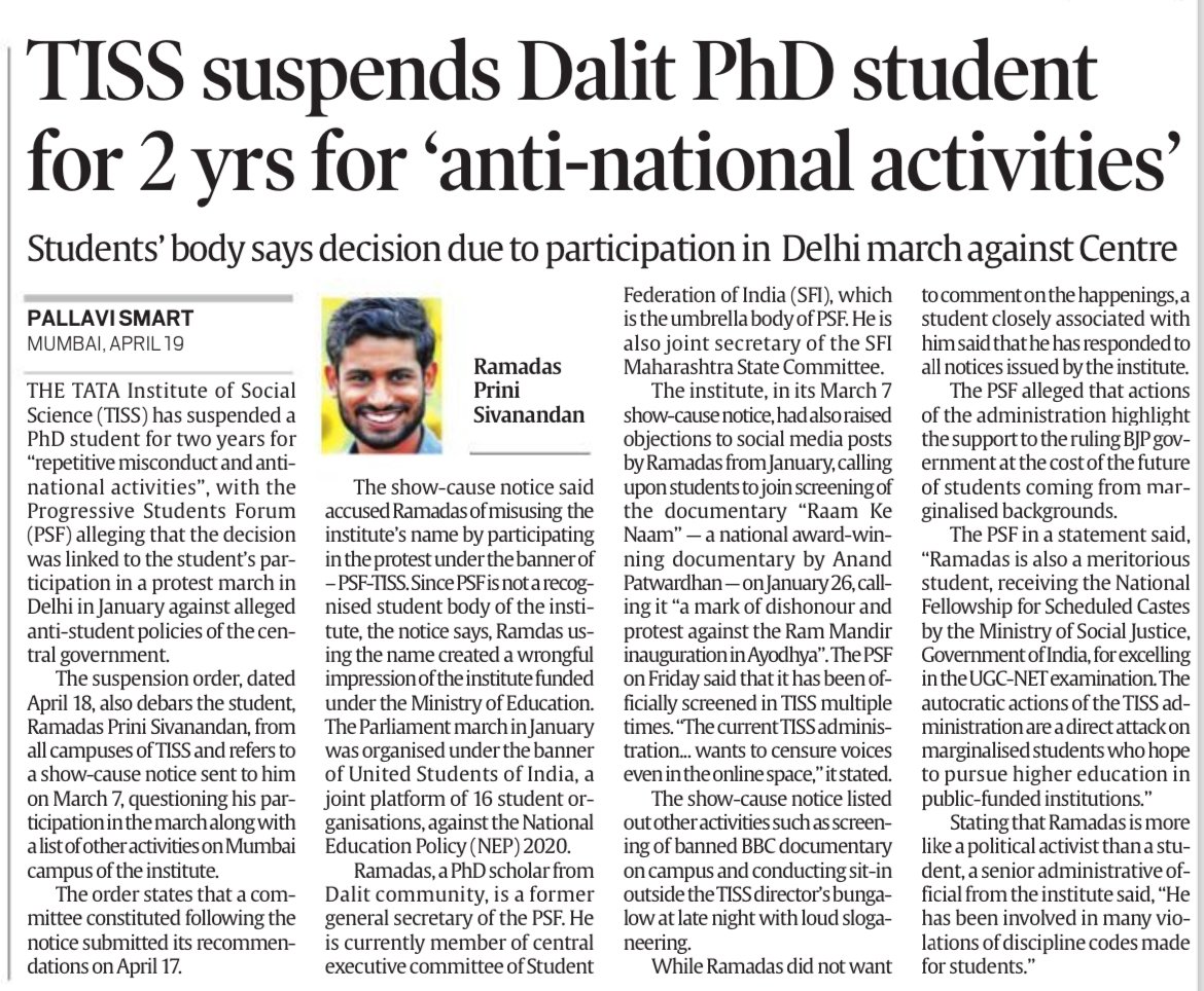 How is participation in a protest march against NEP-2020 'anti-national' activity? And this is TISS. Against a meritorious Dalit scholar. Utterly shameful.