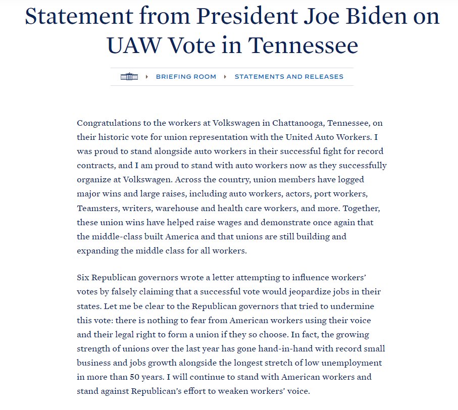 BREAKING: President Joe Biden issues a statement congratulating Volkswagen Chattanooga employees' decision to join the UAW. MORE: newschannel9.com/news/instagram…