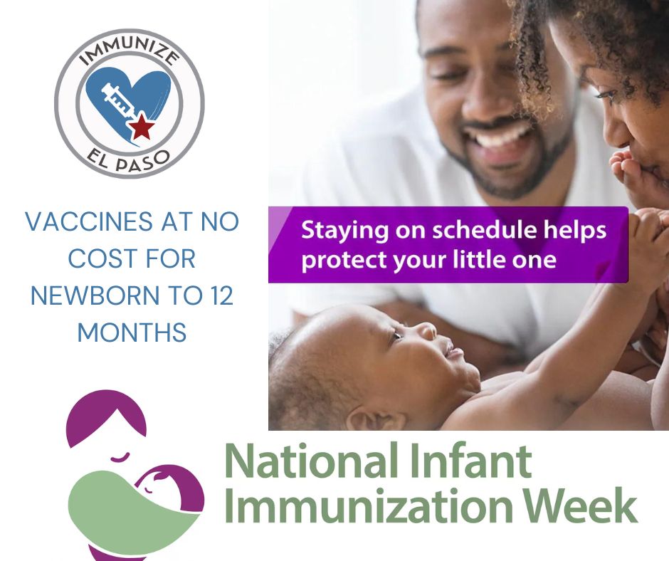 We're helping our community💙 for National Infant Immunization Week with no cost immunizations for newborns to 12-month-olds April 22nd through Saturday the 27th.
🚩Appts. (915) 533-3414 or zurl.co/8Qsp 

#ImmunizeElPaso #NIIW2024 #NIIW #ProtectingBabies #VaccinesWork