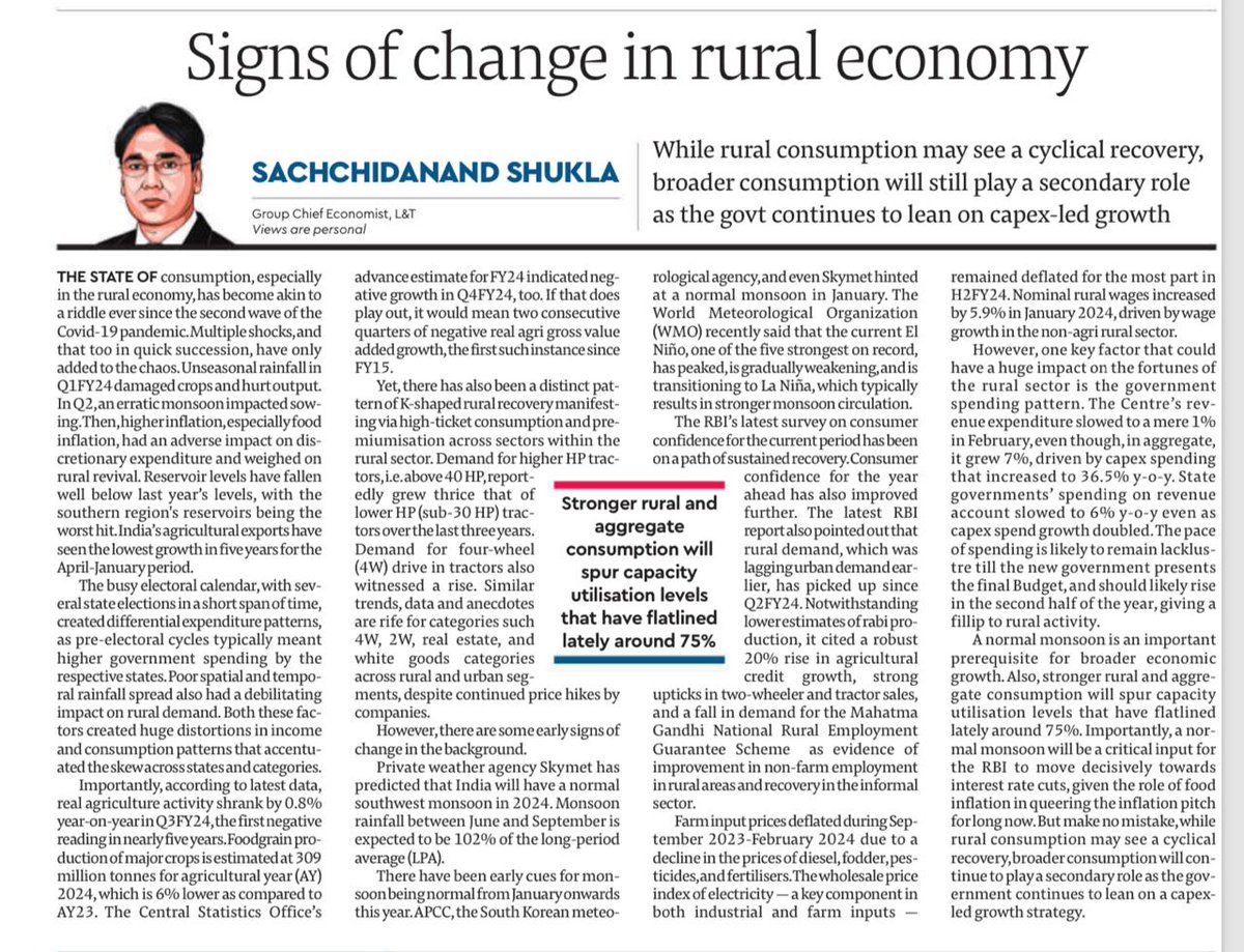 Forecasts of good #monsoon & moderating farm input prices signal signs of change for #rural economy but broader #consumption will still lag as the #government rightly continues to lean on qualitative spending via higher public #Infrastructure spend. My piece in @FinancialXpress