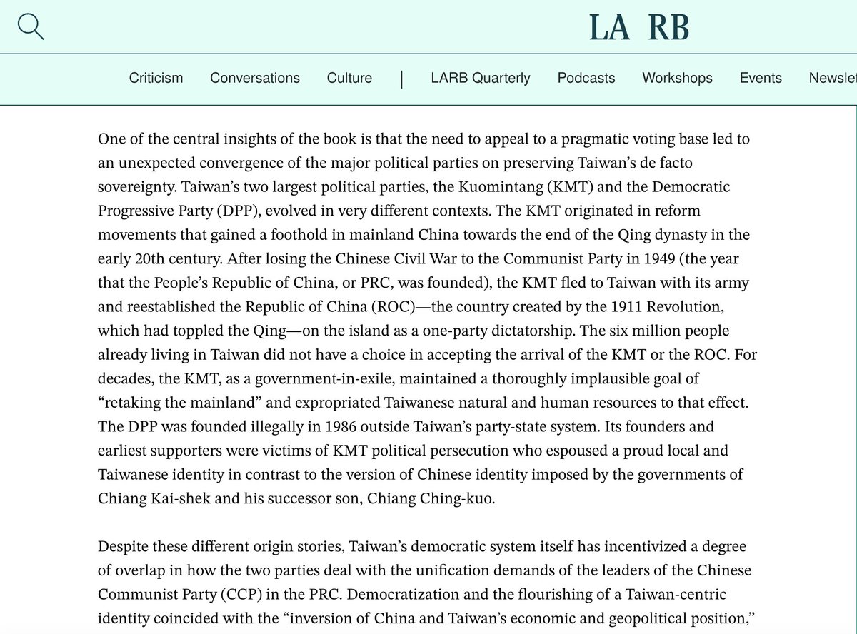 @lnachman32 @LAReviewofBooks Nachman & Sullivan show how democratization in Taiwan helped produce the status quo: w/the need to appeal to pragmatic voters who cherish their freedom but are wary of the PRC, no major party can seem to stray too much from de facto independence under the framework of the ROC 2/