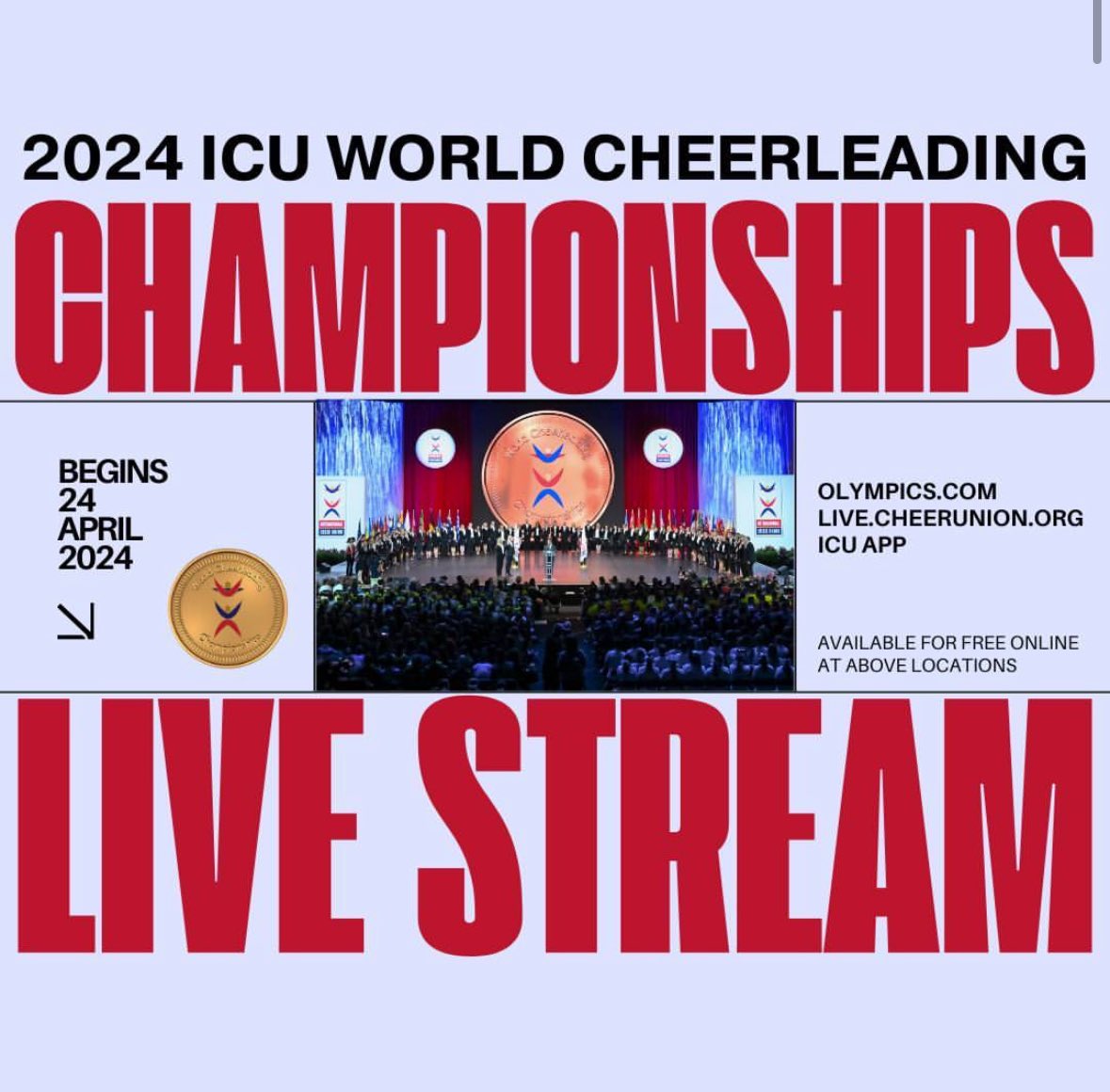 Catch all of the action at the 2024 ICU World Championships 🏆️ with the FREE event live stream!⁠ ⁠ The live stream begins Wed 24 April:⁠ 💻️ On the Olympic Channel (Olympics.com) @olympics⁠ 🌐 At live.cheerunion.org⁠ 📲 ICU Championships app⁠