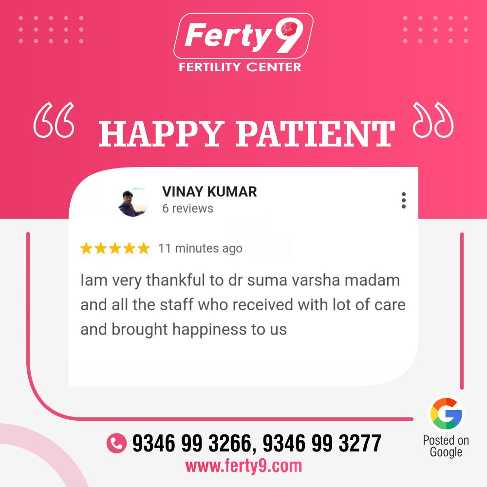 Thank you, Vinay Kumar
We are so happy for you. We will continue to strive for the best we can.

Call: 9346 99 3266, 9346 99 3277
ferty9fertilitycenter.com

#Ferty9 #FertilityCenter #DrJyothi #HappyPatient #SuccessStories #Testimonial #MaleInfertility #FemaleInfertility