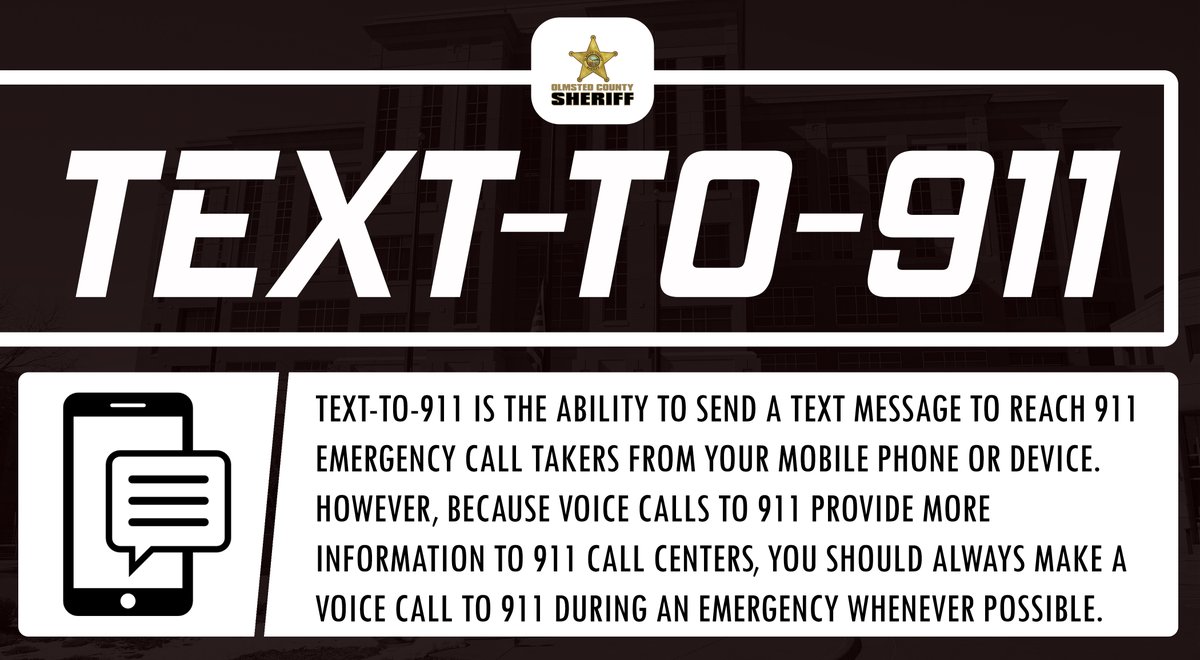 OlmstedSheriff's tweet photo. Text-to-911 is the ability to send a text message to reach 911 emergency call takers from your mobile phone or device... you should always make a voice call to 911 during an emergency whenever possible

Learn More: https://t.co/KKxnj6A1GS

#CallIfYouCanTextIfYouCant
#NPSTW https://t.co/4lGswVHgBT