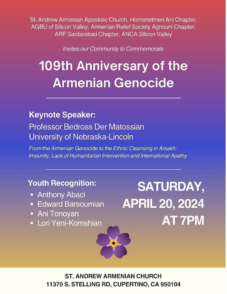 Tomorrow, I will deliver the keynote speech at the 109th Anniversary of the Armenian Genocide commemoration in Cupertino, California.