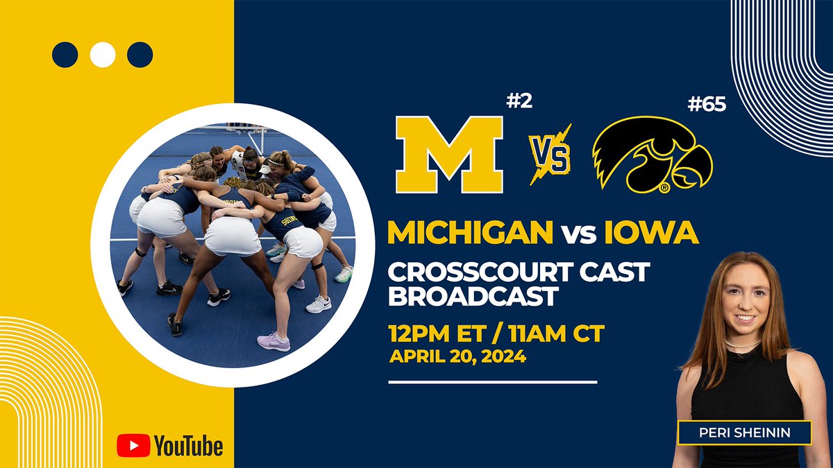 Big Ten Battle! Join @WHSVPeri and @CR_Producer tomorrow for our @CrossCourt_Cast coverage starting at noon ET. #2 @UMichWTennis vs. #65 @iowa_tennis 📺: youtube.com/live/60WPw_NZd… #BigTenTennis | @bigten